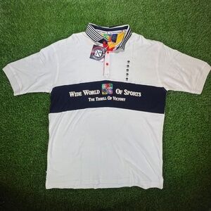 Vintage ABC Wide World Sports  Olympics Navy Blue White Polo Shirt L NWT